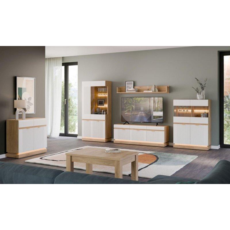 Üç Kapılı Beyaz Mat ve Cremona Torro Renkli Modern Vitrinli TV Ünitesi 164x585x405 cm - 82153