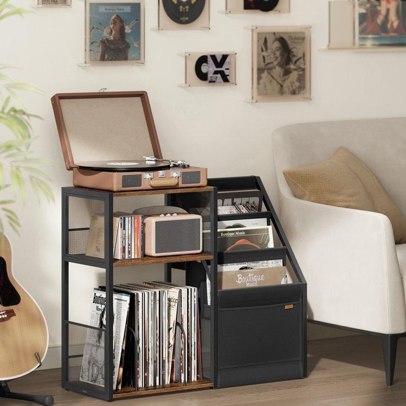 Üç Katlı Plak Dolabı Rustik Kahverengi Siyah Metal Ahşap 69 cm - 81652