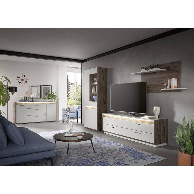 Üç Parçalı Beyaz ve Koyu Kahverengi Vitrinli TV Ünitesi 299x197 cm - 81832