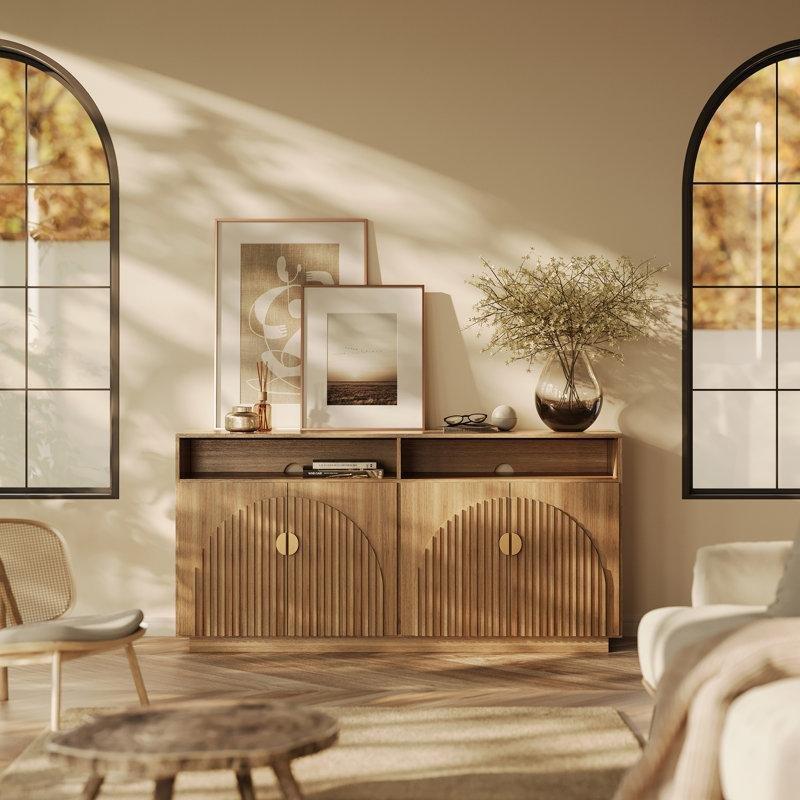 Yivli Tasarımlı Endüstriyel Ahşap TV Konsolu 165x40x80 cm Gold Detaylı - 80827