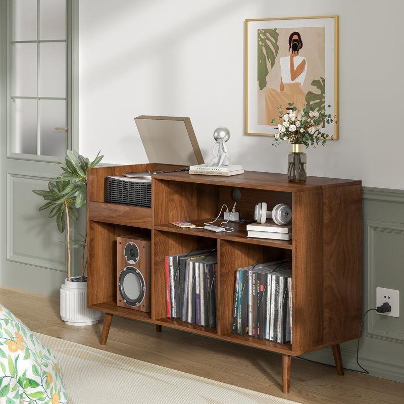 Yüzyıl Ortası Modern Ahşap Plak Dolabı USB Şarj İstasyonlu 75x115x40 cm - 81460