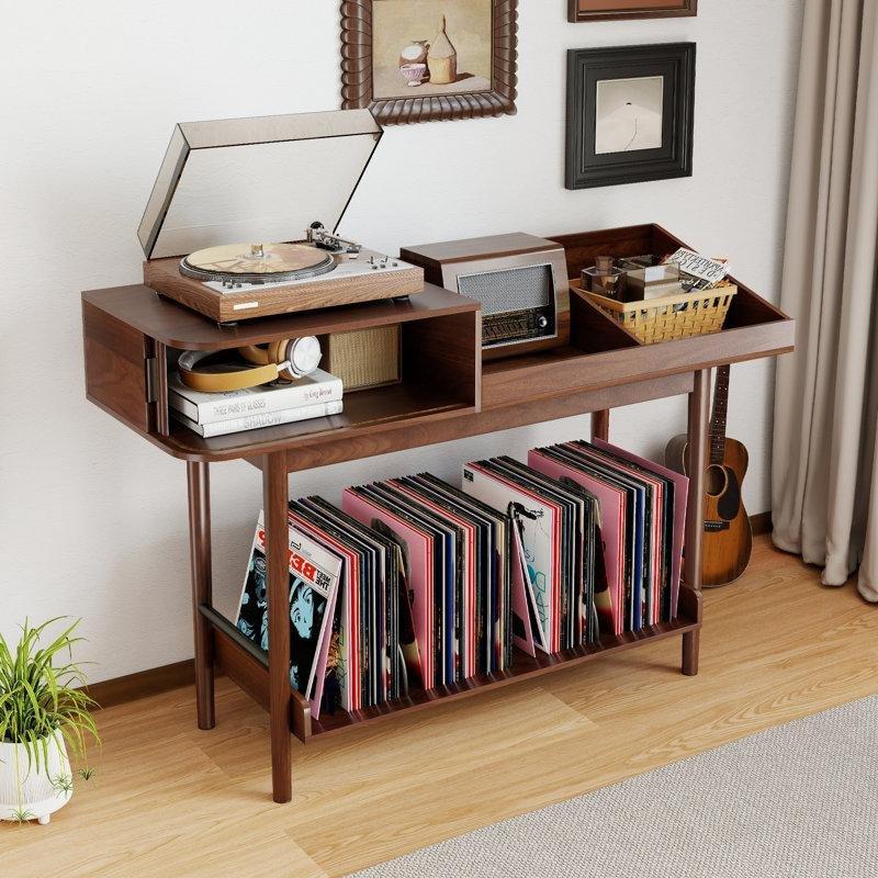 Yüzyıl Ortası Modern Tasarımlı Plak Dolabı Kaydırmalı Kapılı Vinil Depolama Ünitesi - 81511