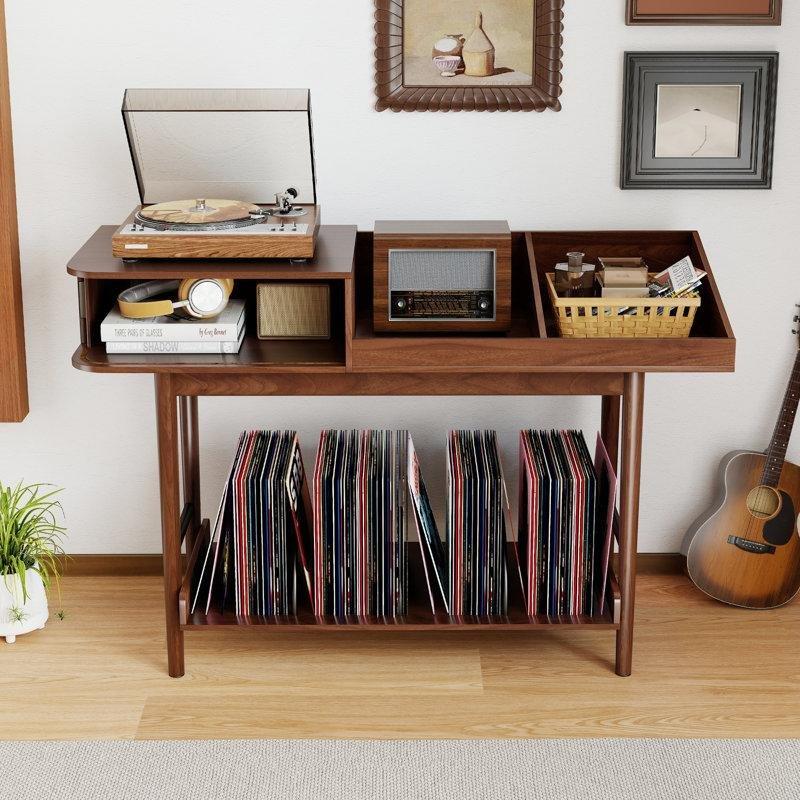 Yüzyıl Ortası Modern Tasarımlı Plak Dolabı Kaydırmalı Kapılı Vinil Depolama Ünitesi - 81511