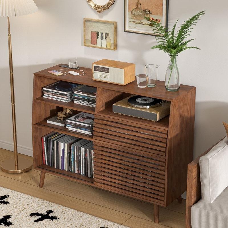 Yüzyıl Ortası Tasarımlı Ahşap Plak Dolabı 93x120x35 cm Kaydırmalı Kapılı - 81769