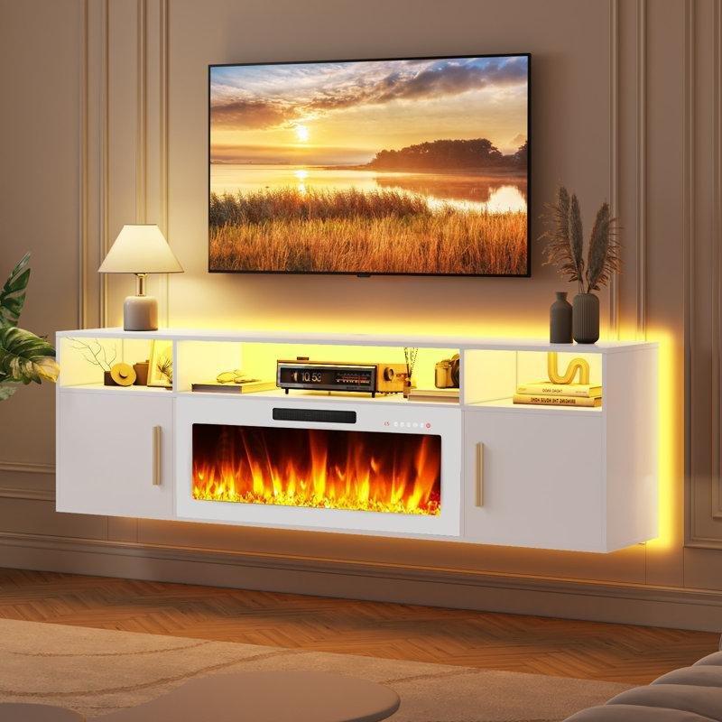 70 cm Beyaz Endüstriyel Ahşap Şömineli TV Ünitesi Duvara Monte - 83143
