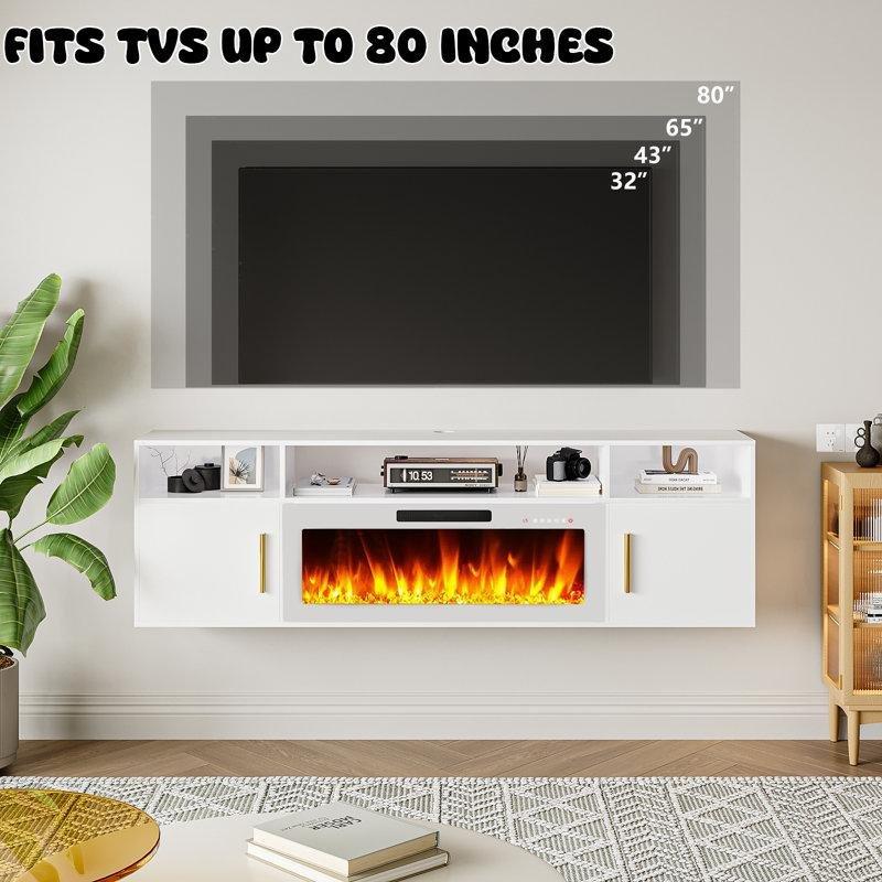 70 cm Beyaz Endüstriyel Ahşap Şömineli TV Ünitesi Duvara Monte - 83143