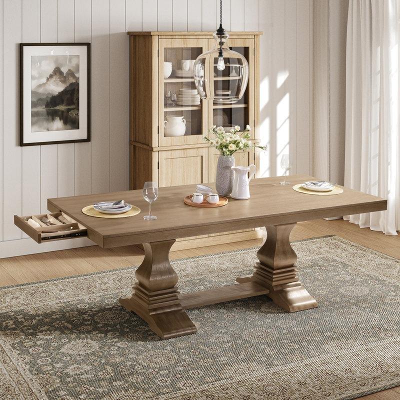 Açık Ceviz Rengi Masif Ahşap Çekmeceli Yemek Masası 219 cm - 86419