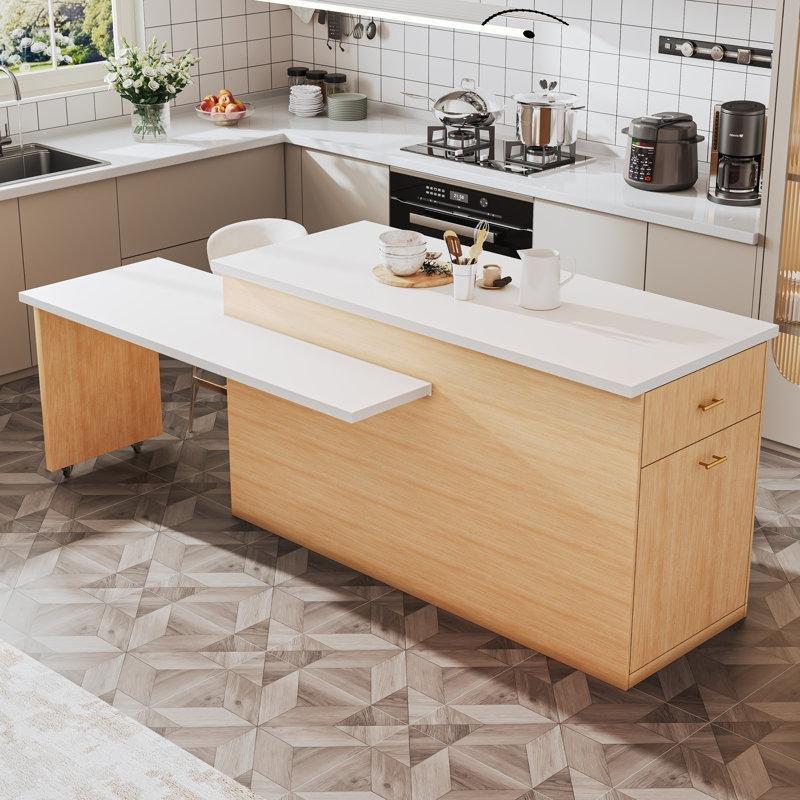 Açılabilir Beyaz Tezgahlı Sarı Ahşap Dolaplı Yemek Masası 180 cm - 86167