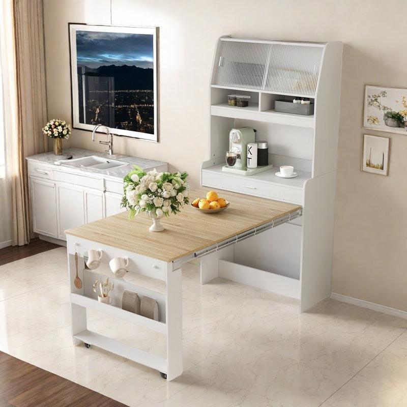 Açılır Kapaklı Dolaplı Yemek Masası 168 cm Beyaz Endüstriyel Ahşap - 86218