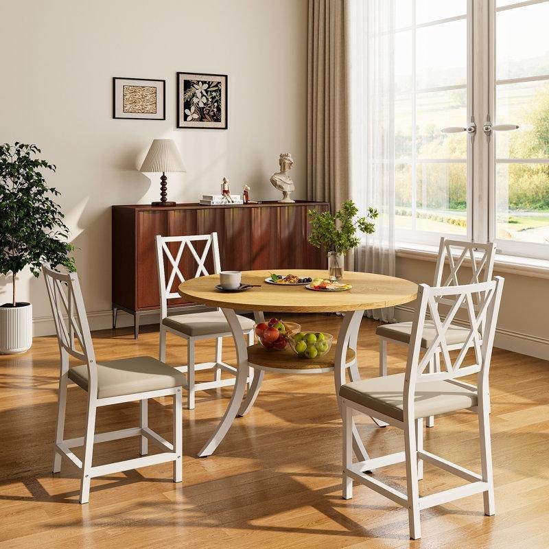 Açılır Kapanır Yuvarlak Endüstriyel Ahşap Mutfak Masası 4 Sandalyeli Set - 85336.0