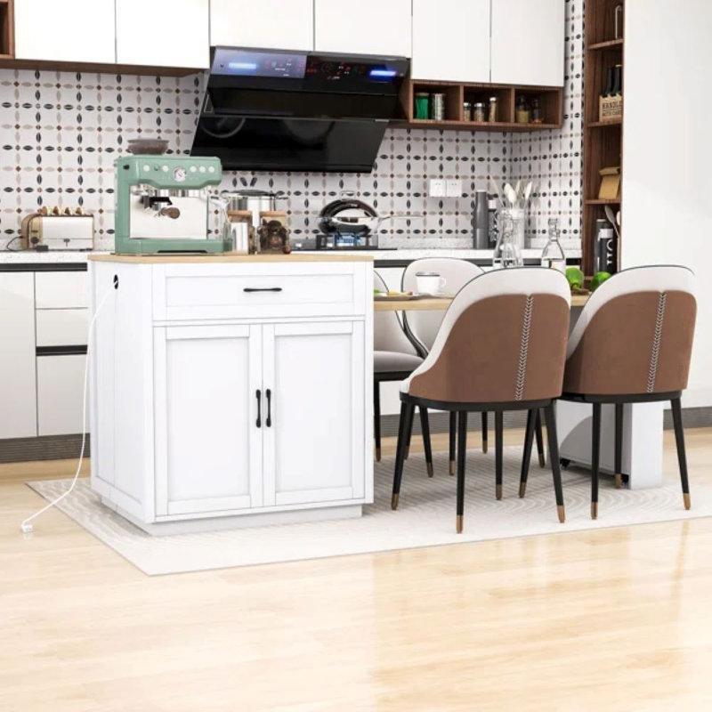 Açılır Tablalı Beyaz Endüstriyel Ahşap Mutfak Adası 82 cm Genişliğinde Şarj İstasyonlu - 86173