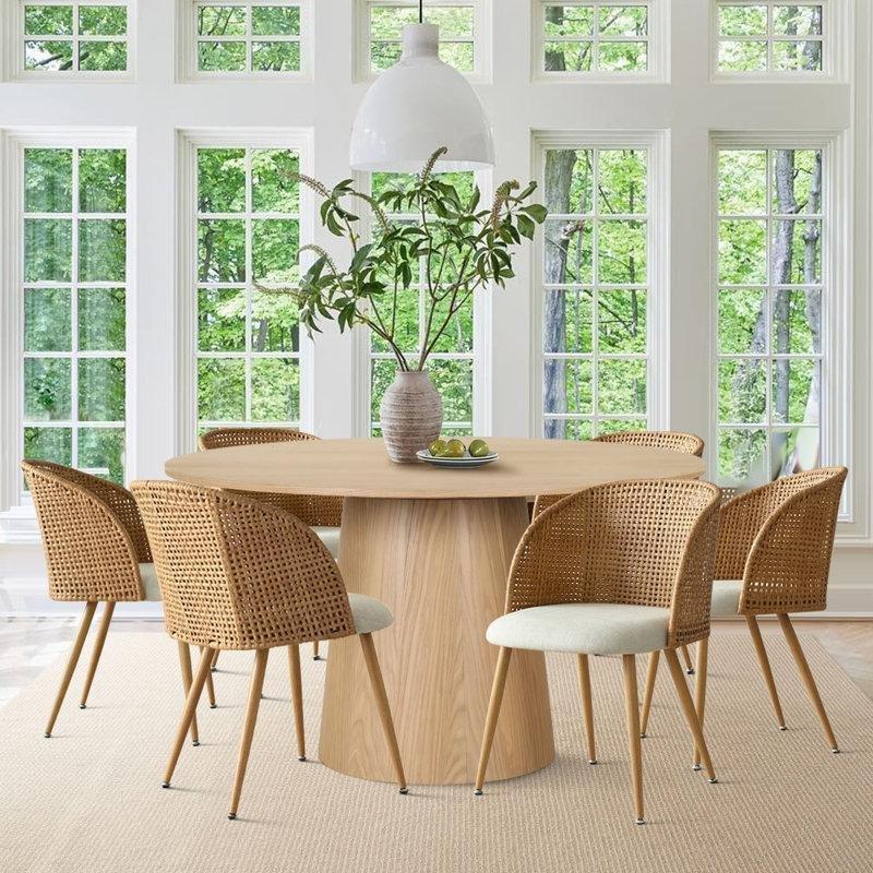 Altı Kişilik Sarı Endüstriyel Ahşap ve Metal Rattan Yemek Masası Takımı 132 cm - 88150