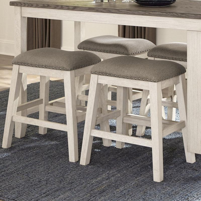 Antik Beyaz Masif Ahşap Açılır Mutfak Masası 152-198 cm Gri Döşemeli 4 Sandalyeli Set - 85102.0