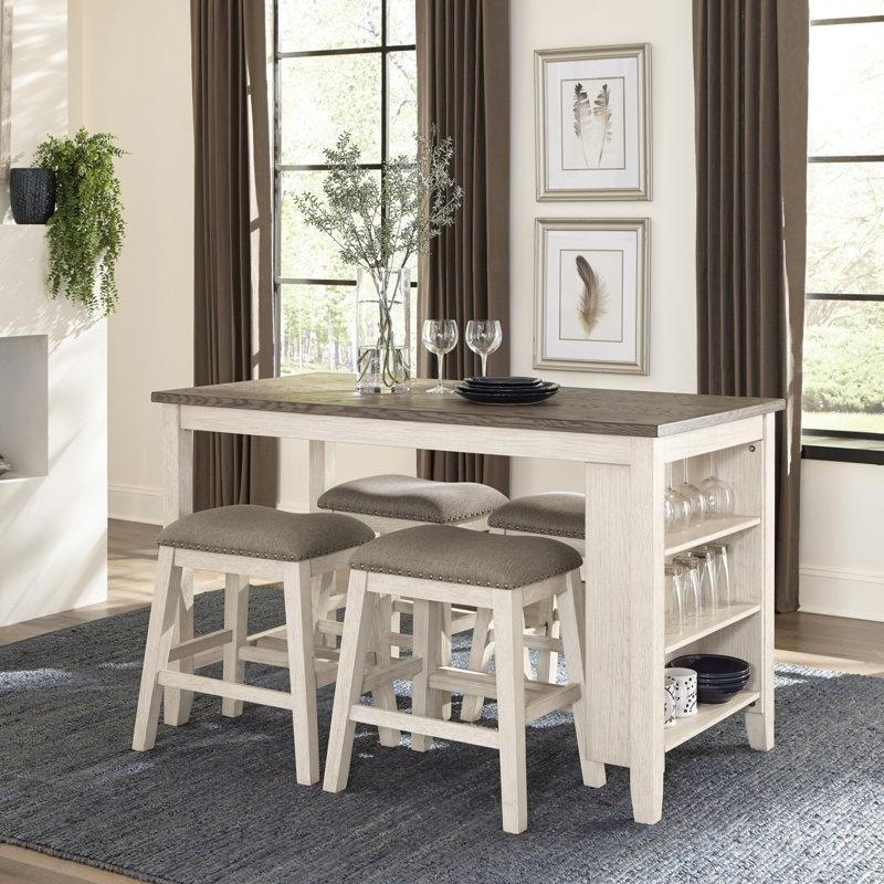 Antik Beyaz Masif Ahşap Açılır Mutfak Masası 152-198 cm Gri Döşemeli 4 Sandalyeli Set - 85102.0