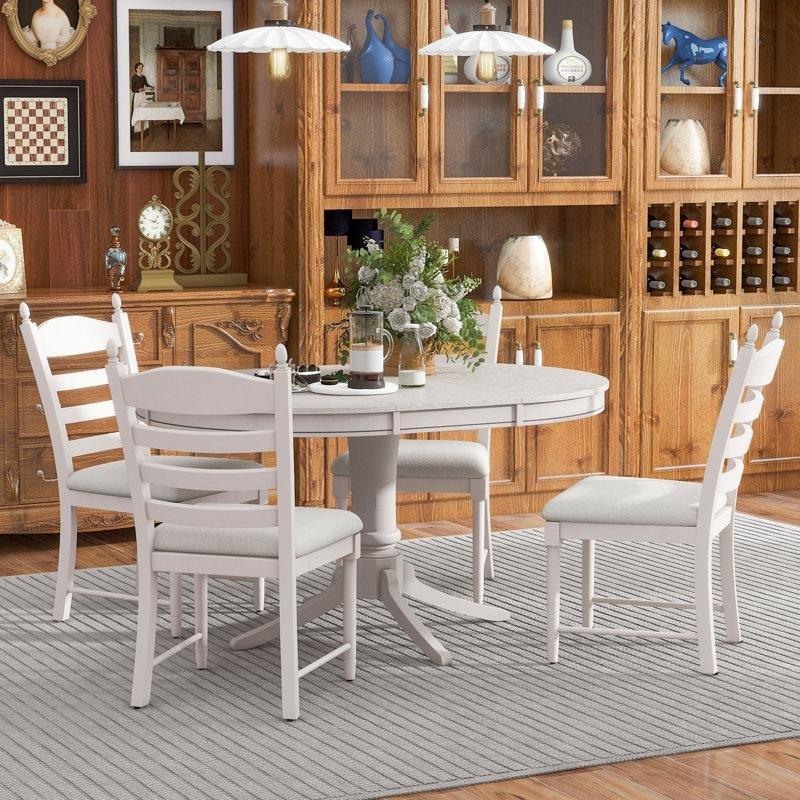 Antik Beyaz Retro Açılır Mutfak Masası 76 cm Yüksekliğinde 4 Sandalyeli Set - 85186.0