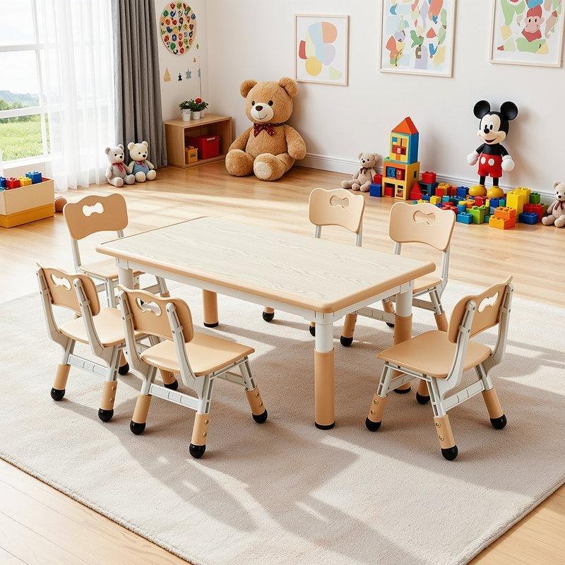 Beige Ayarlanabilir Yükseklikli Çocuk Yemek Masası ve 6 Sandalye Seti - 86545