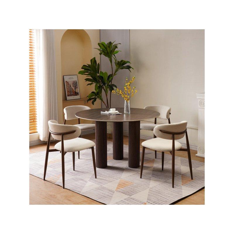Beige Travertin Efektli Seramik Tablalı Yuvarlak Yemek Masası 120 cm - 83344
