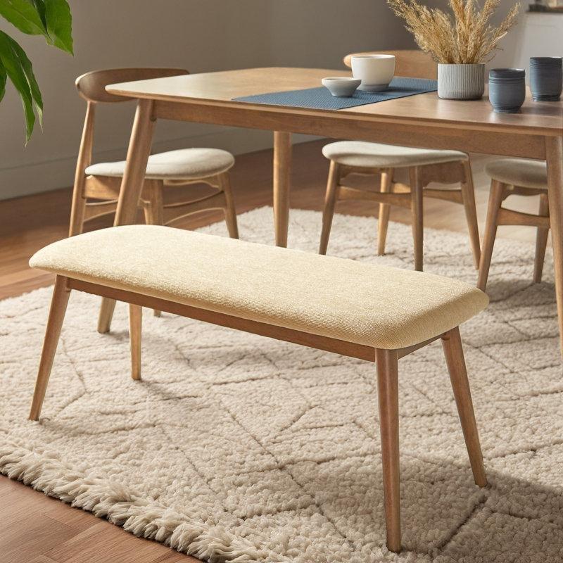 Bej Polyester Kumaş Döşemeli Rubberwood Yemek Masası Bench 42x18x16 cm - 88291