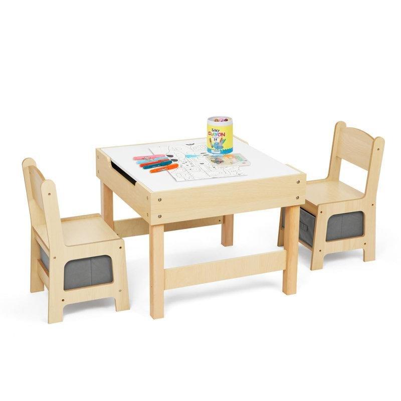 Beyaz Ahşap Endüstriyel Çocuk Yemek Masası 60x60 cm ve 2 Sarı Sandalye Seti - 86536