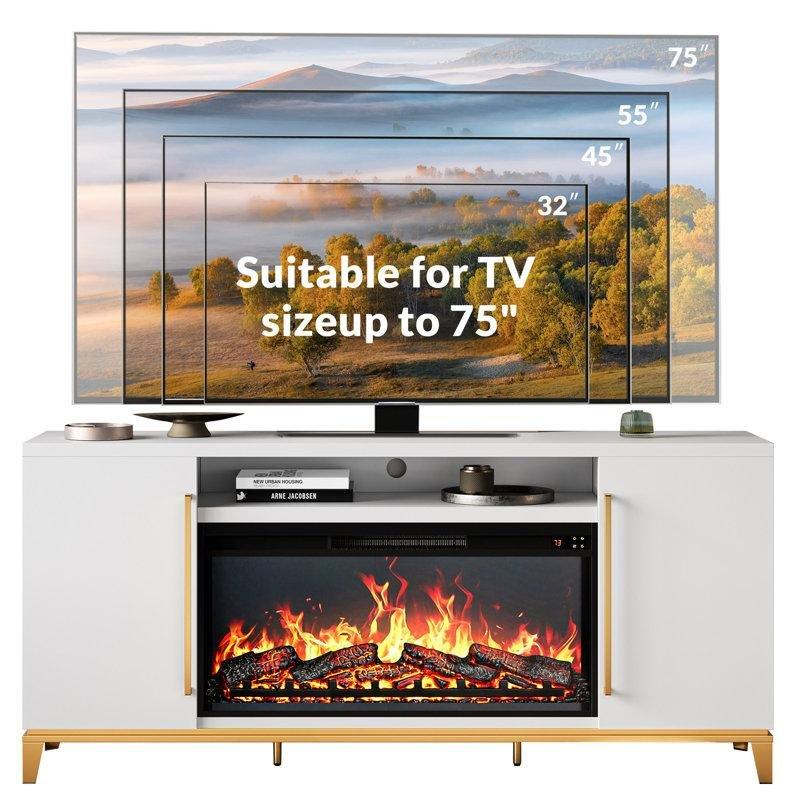 Beyaz Endüstriyel Ahşap 172 cm Şömineli TV Ünitesi Gold Kulplu - 83110