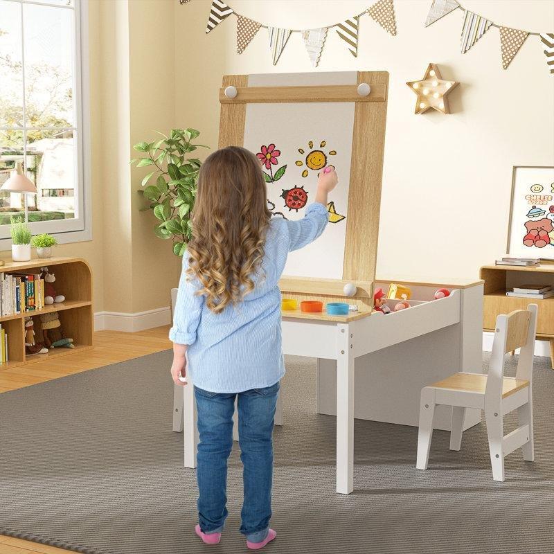 Beyaz Endüstriyel Ahşap Çocuk Yemek Masası 110x60x54 cm Saklama Sepetli - 86608