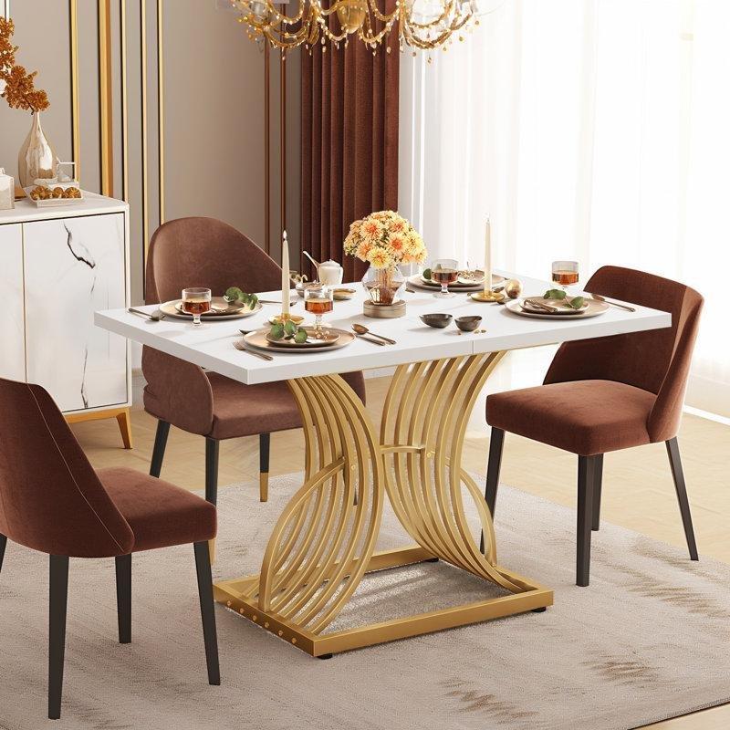 Beyaz Endüstriyel Ahşap Gold Metal Tabanlı Dikdörtgen Yemek Masası 119x80x76 cm - 86908