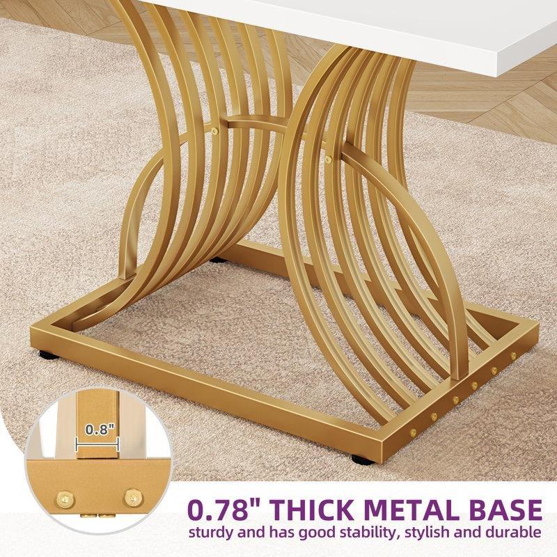 Beyaz Endüstriyel Ahşap Gold Metal Tabanlı Dikdörtgen Yemek Masası 119x80x76 cm - 86908