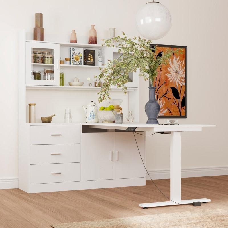 Beyaz Endüstriyel Ahşap Kaldırılabilir Yüksekliği Ayarlanabilir Dolaplı Yemek Masası 174 cm - 86128