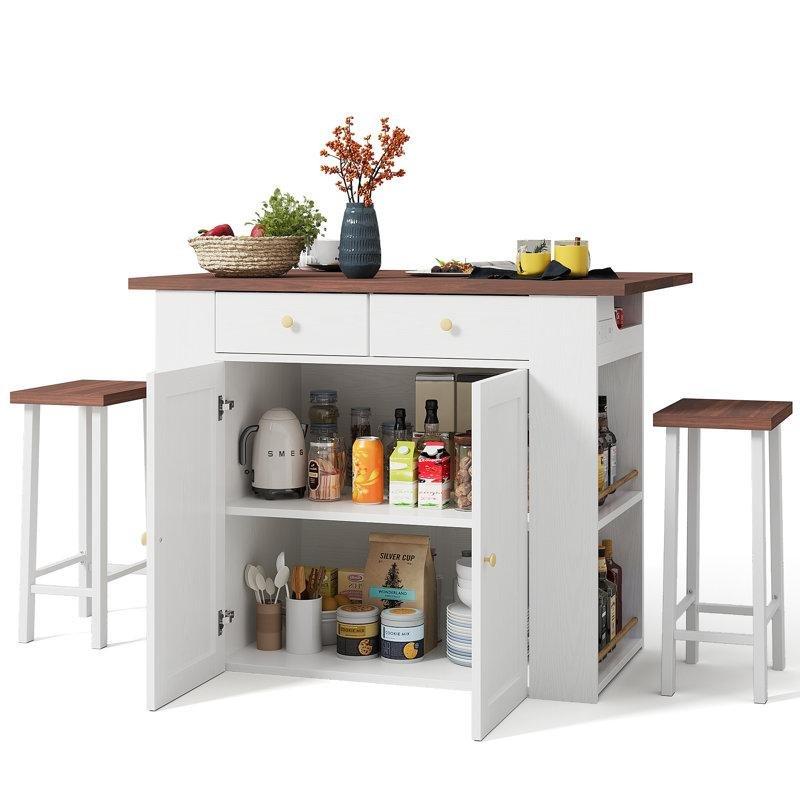 Beyaz Endüstriyel Ahşap Katlanır Yemek Masası 120x90 cm Depolama Dolapları ve 2 Tabure ile - 86137