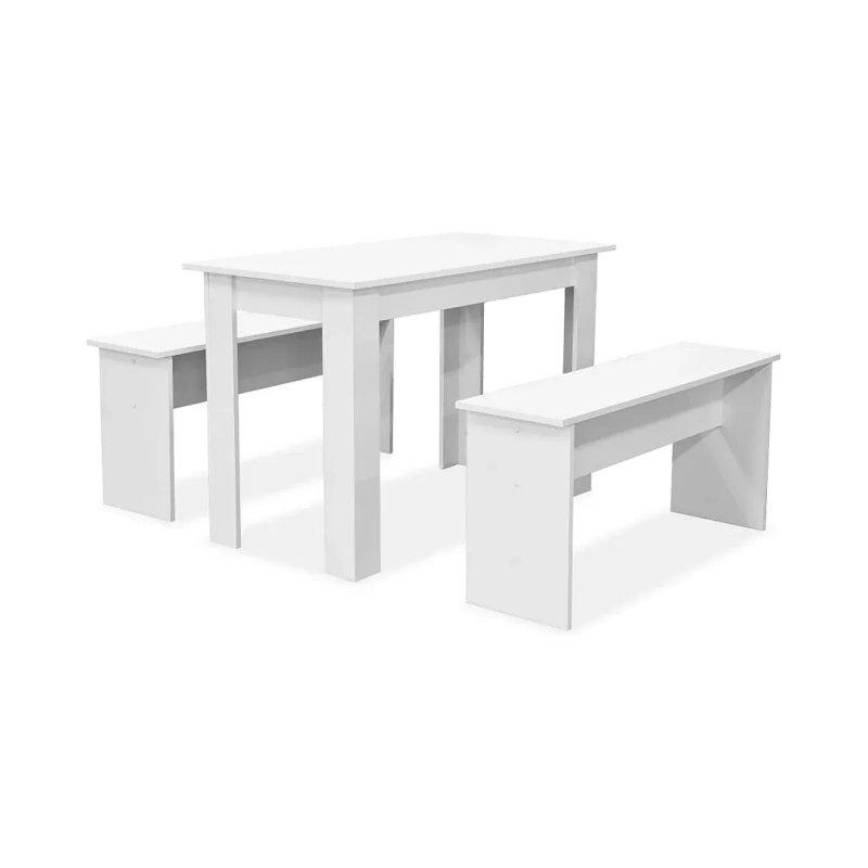 Beyaz Endüstriyel Ahşap Mutfak Masası 120x59x76 cm ve 2 Benchli Yemek Seti - 88621