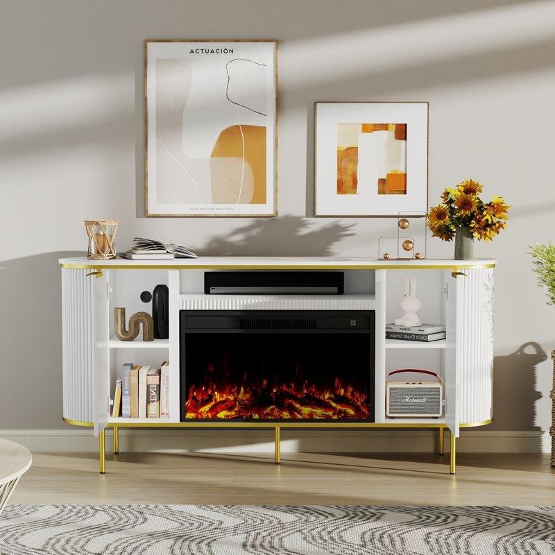 Beyaz Endüstriyel Ahşap Şömineli TV Ünitesi Gold Detaylı 70 cm - 83128