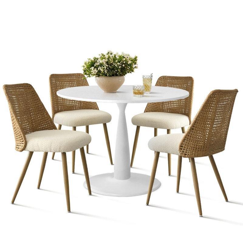 Beyaz Endüstriyel Ahşap Yuvarlak Mutfak Masası ve Bej Kumaş Sandalyeler 89 cm - 85825.0