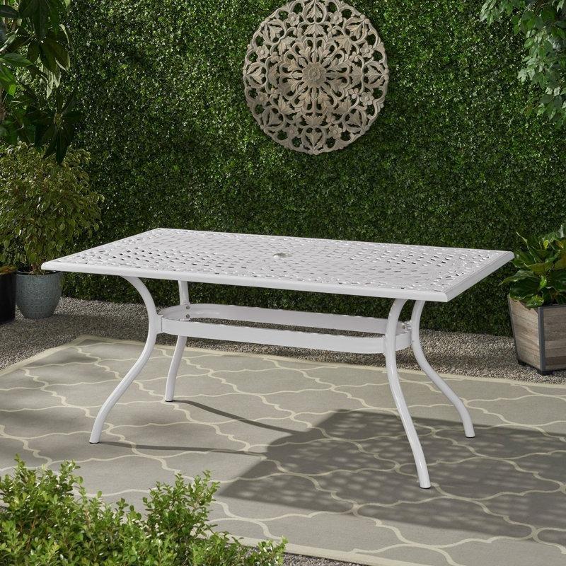 Beyaz Ferforje Yemek Masası 170x95 cm Şemsiye Delikli Çiçek Desenli - 86857