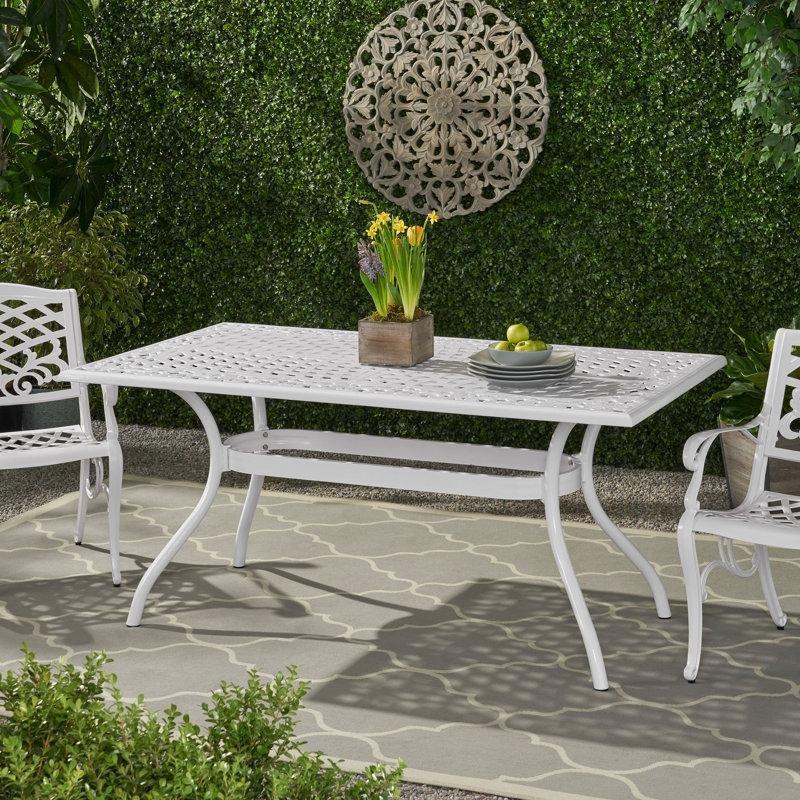 Beyaz Ferforje Yemek Masası 170x95 cm Şemsiye Delikli Çiçek Desenli - 86857