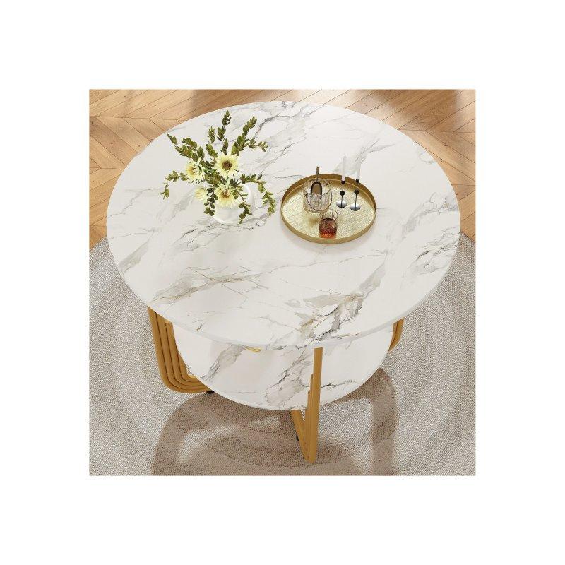 Beyaz Gold Mermer Desenli Yuvarlak Mutfak Masası 80x80 cm Raflı - 88561