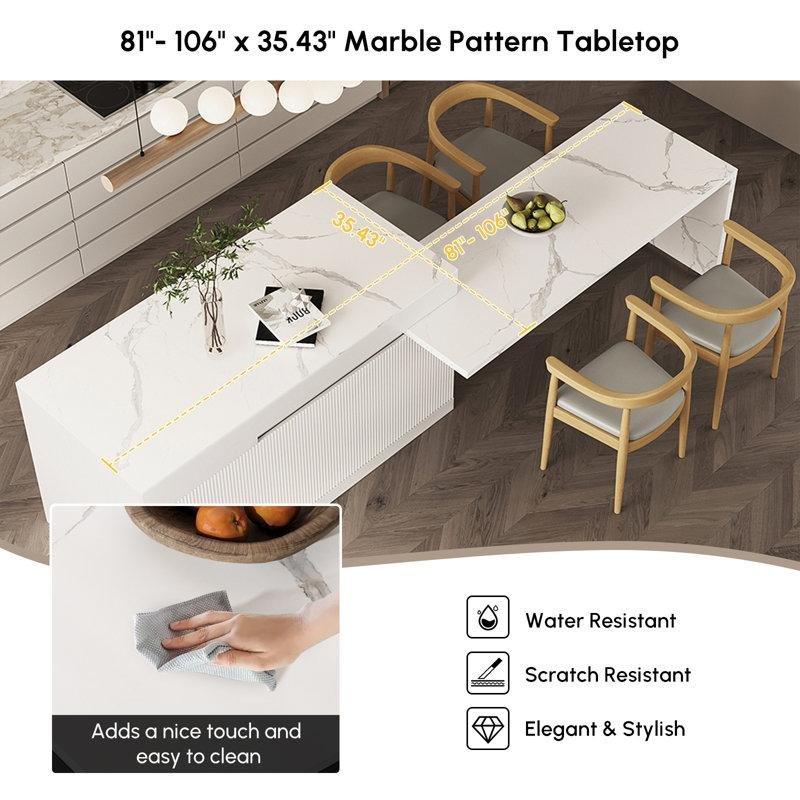 Beyaz Mermer Desenli Genişletilebilir Mutfak Dolaplı Yemek Masası 205-270 cm - 86185