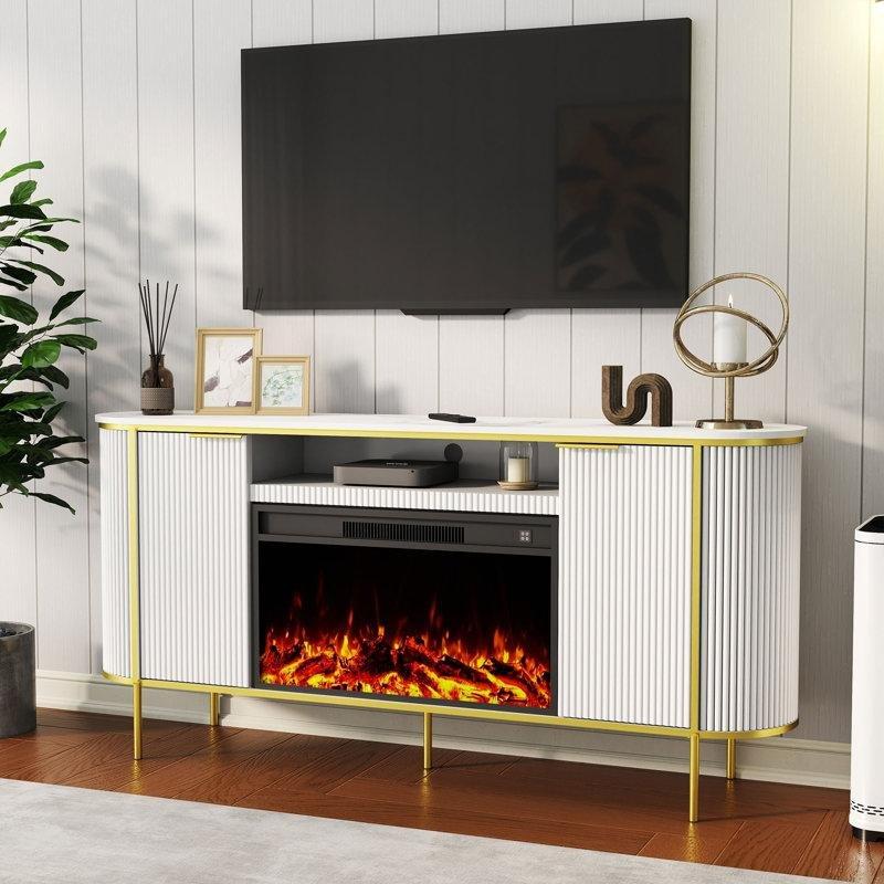 Beyaz Mermer Desenli Gold Çizgili Şömineli TV Ünitesi 178 cm – 83122