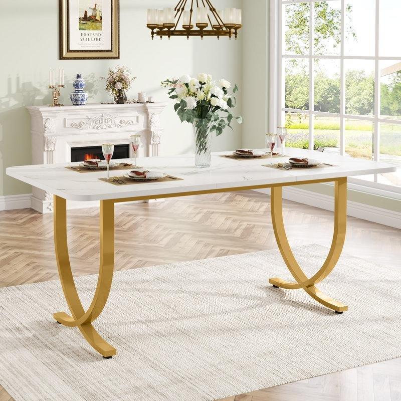 Beyaz Mermer Desenli Gold Metal Ayaklı Yemek Masası 160x80 cm - 86962