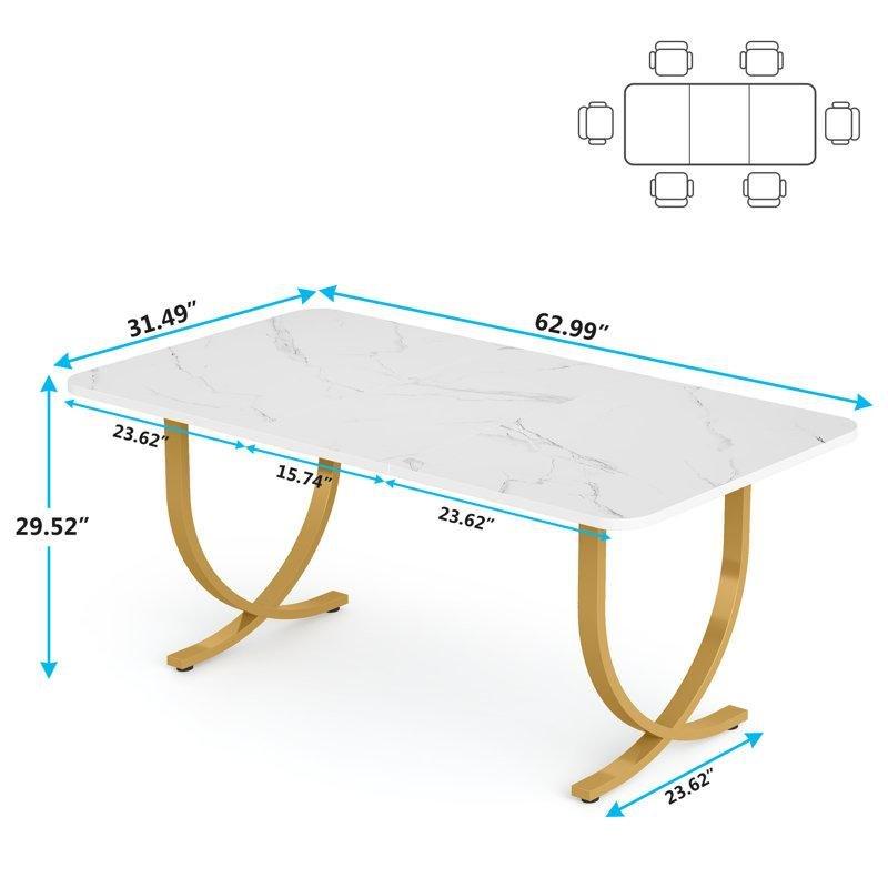 Beyaz Mermer Desenli Gold Metal Ayaklı Yemek Masası 160x80 cm - 86962