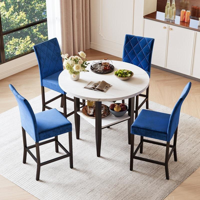 Beyaz Mermer Desenli Yuvarlak Katlanır Mutfak Masası 90 cm ile 4 Lacivert Kadife Sandalyeli 5 Parçalı Yemek Seti - 85357.0