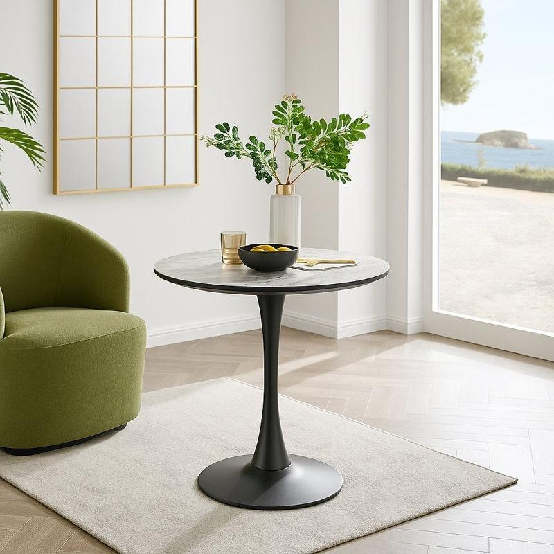 Beyaz Mermer Desenli Yuvarlak Küçük Mutfak Masası 80 cm ve 2 Siyah Deri Sandalye Seti - 85513.0