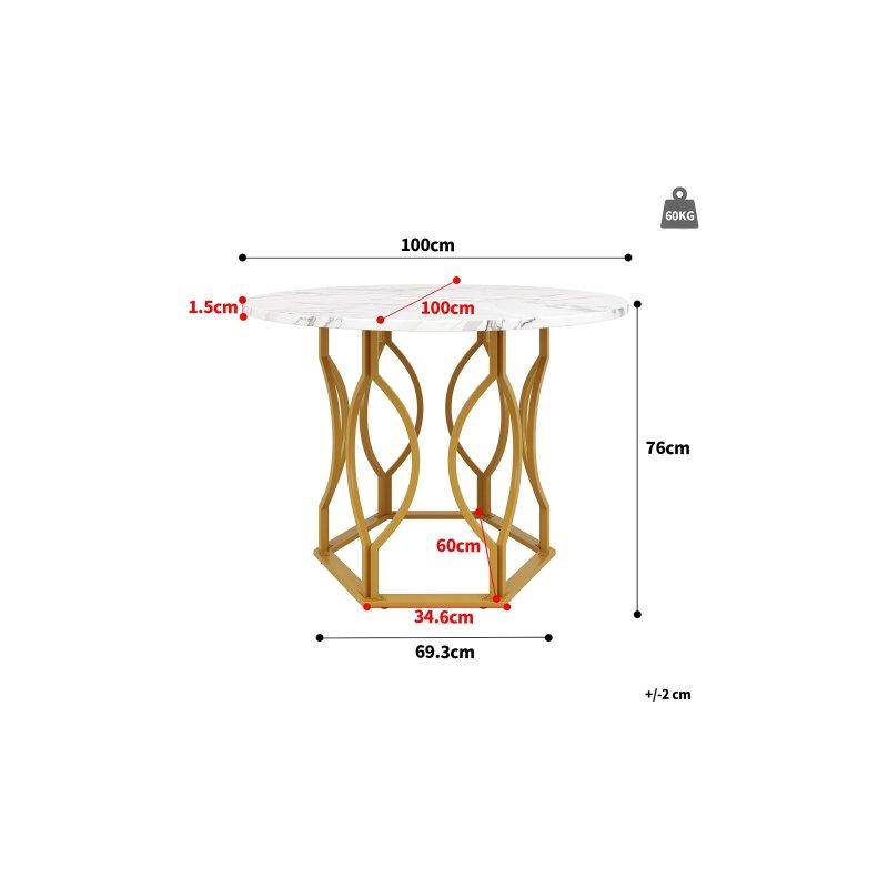 Beyaz Mermer Desenli Yuvarlak Yemek Masası 100 cm Gold Metal Ayaklı - 83386