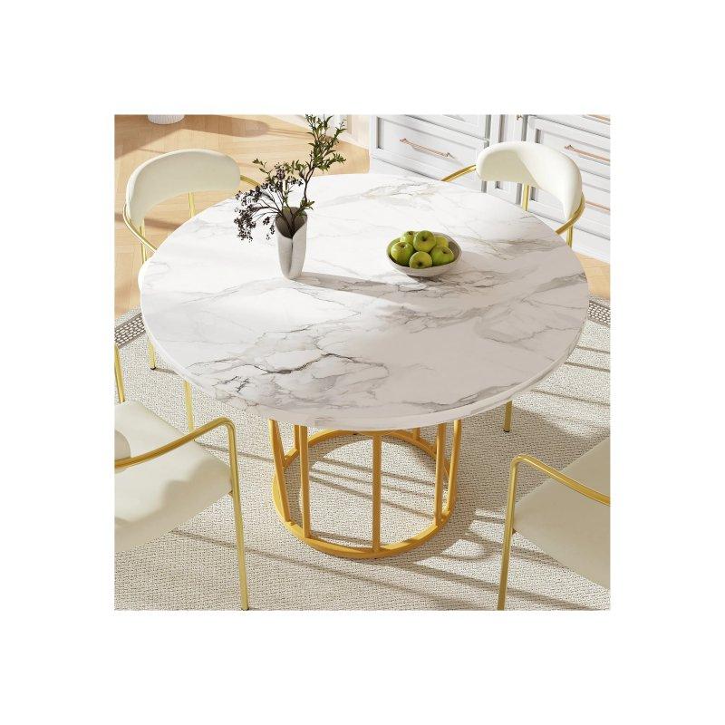 Beyaz Mermer Desenli Yuvarlak Yemek Masası 80 cm Gold Metal Çerçeveli - 83383