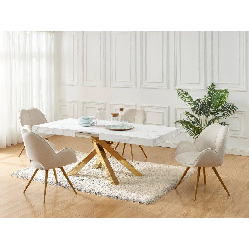 Beyaz Mermer Görünümlü Gold Detaylı MDF Açılır Yemek Masası 200 cm - 83239