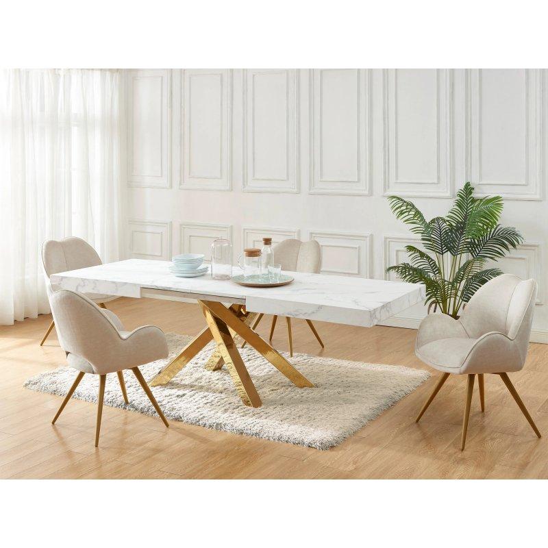 Beyaz Mermer Görünümlü Gold Detaylı MDF Açılır Yemek Masası 200 cm - 83239