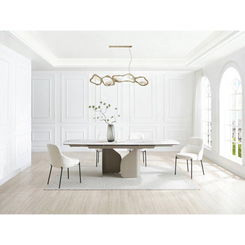 Beyaz Mermer Görünümlü Seramik Cam Dikdörtgen Yemek Masası 220x90 cm Taupe Metal Ayaklı - 87202