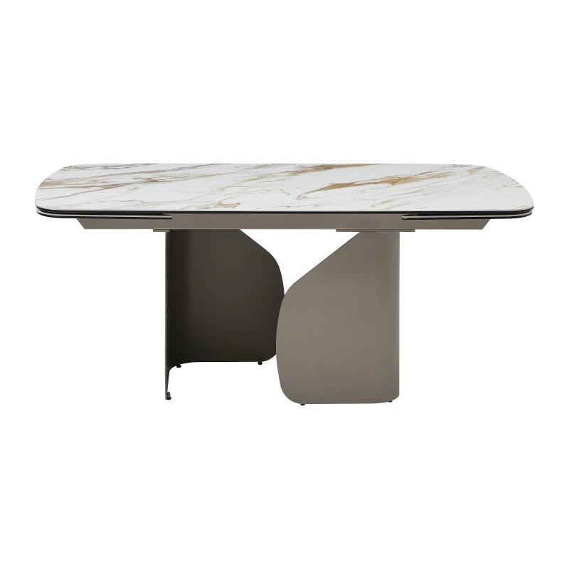 Beyaz Mermer Görünümlü Seramik Cam Dikdörtgen Yemek Masası 220x90 cm Taupe Metal Ayaklı - 87202
