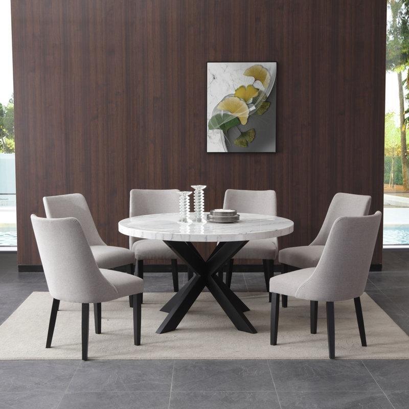 Beyaz Mermer Yemek Masası 132 cm Yuvarlak Siyah Ahşap Ayaklı - 84913