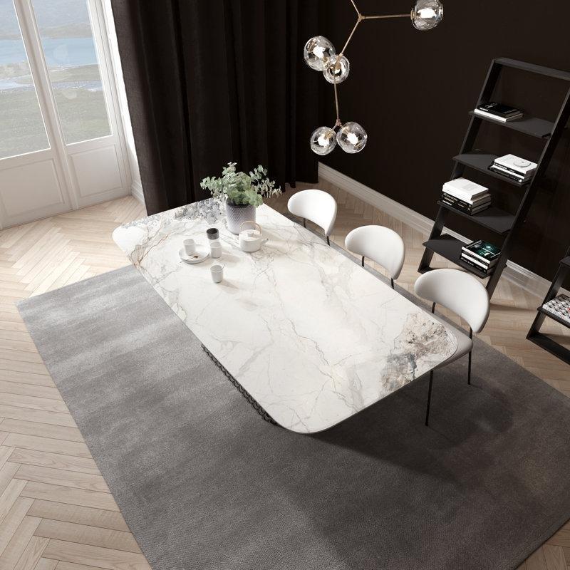 Beyaz Mermer Yemek Masası 180 cm Modern Elmas Deseni Paslanmaz Çelik Tabanlı - 84895