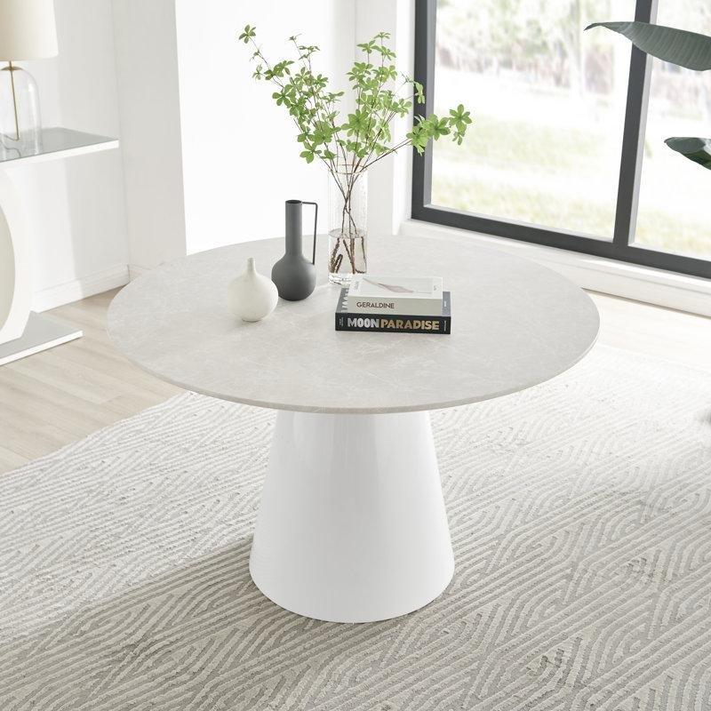 Beyaz Parlak Mermer Desenli Yuvarlak Yemek Masası 120 cm - 83719